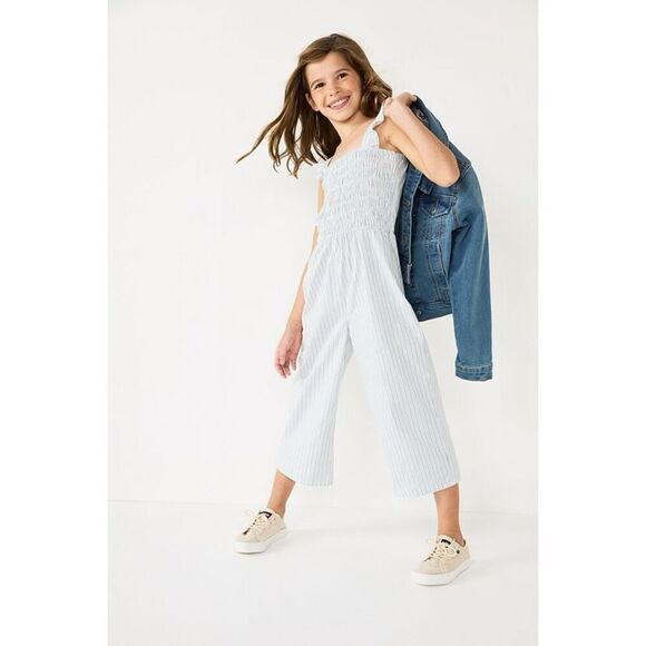 Carter’s Girls Blue Striped Smocked 100% Cotton Sleeveless Jumpsuit Size 5 - Picture 1 of 14